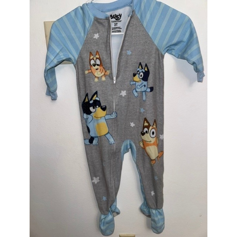Bluey Toddler Boys Girls Fleece Footed Pajamas Blue Grey Zip Up Sleep 3T (E)